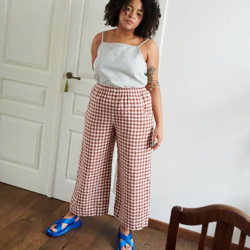 Linenfox Ocean Trouser Linen Pants in Terracotta Gingham, size M, NWT